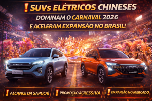SUVs ELÉTRICOS CHINESES DOMINAM A SAPUCAÍ NO CARNAVAL 2026 E ACELERAM ESTRATÉGIA AGRESSIVA DE EXPANSÃO NO BRASIL