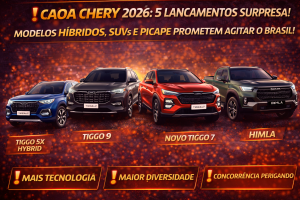 CAOA CHERY 2026: OS 5 LANÇAMENTOS QUE PROMETEM AGITAR O MERCADO BRASILEIRO ENTRE HÍBRIDOS, SUVs DE LUXO E PICAPE MÉDIA INÉDITA