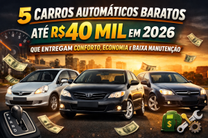 5 CARROS AUTOMÁTICOS BARATOS ATÉ R$ 40 MIL EM 2026 QUE ENTREGAM CONFORTO, ECONOMIA E BAIXA MANUTENÇÃO