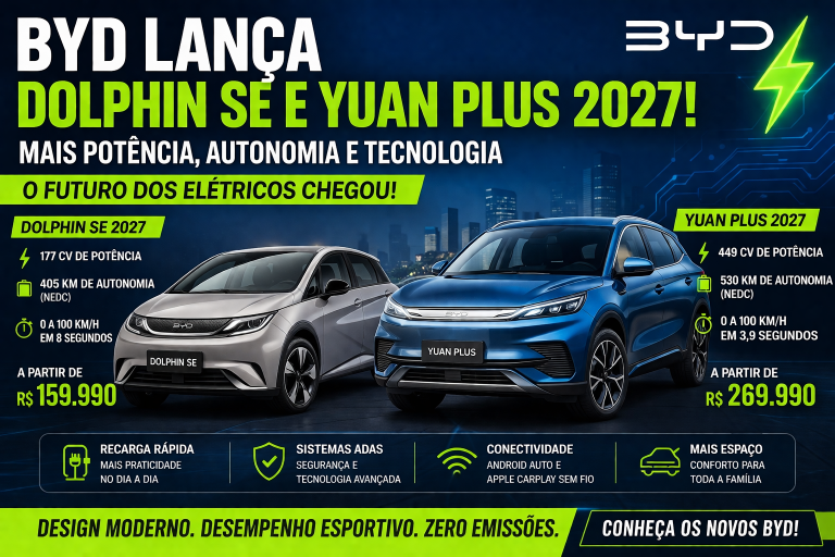 BYD REVOLUCIONA O MERCADO: NOVOS DOLPHIN SE E YUAN PLUS 2027 TRAZEM MAIS POTÊNCIA, TECNOLOGIA E AUTONOMIA PARA OS ELÉTRICOS NO BRASIL