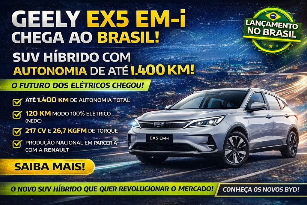 GEELY EX5 EM-i CHEGA AO BRASIL: O SUV HÍBRIDO QUE PROMETE AUTONOMIA DE ATÉ 1.400 KM E REVOLUCIONA O SEGMENTO