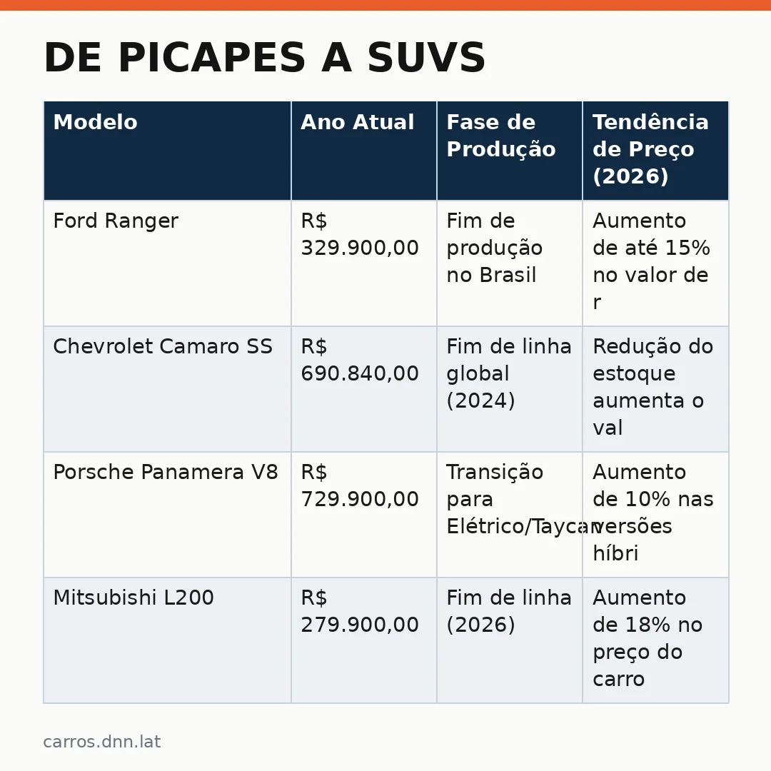 Infográfico - De picapes a SUVs: 5 carros de sucesso que vão sair de linha em 2026: o que muda no seu bolso?