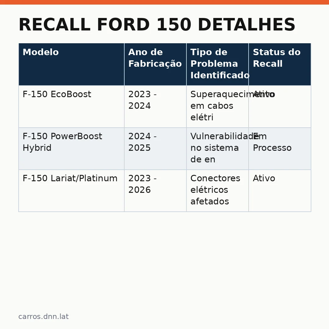 Infográfico - Recall Ford 150 detalhes: Segurança e Confiabilidade nos Modelos 2023 a 2026